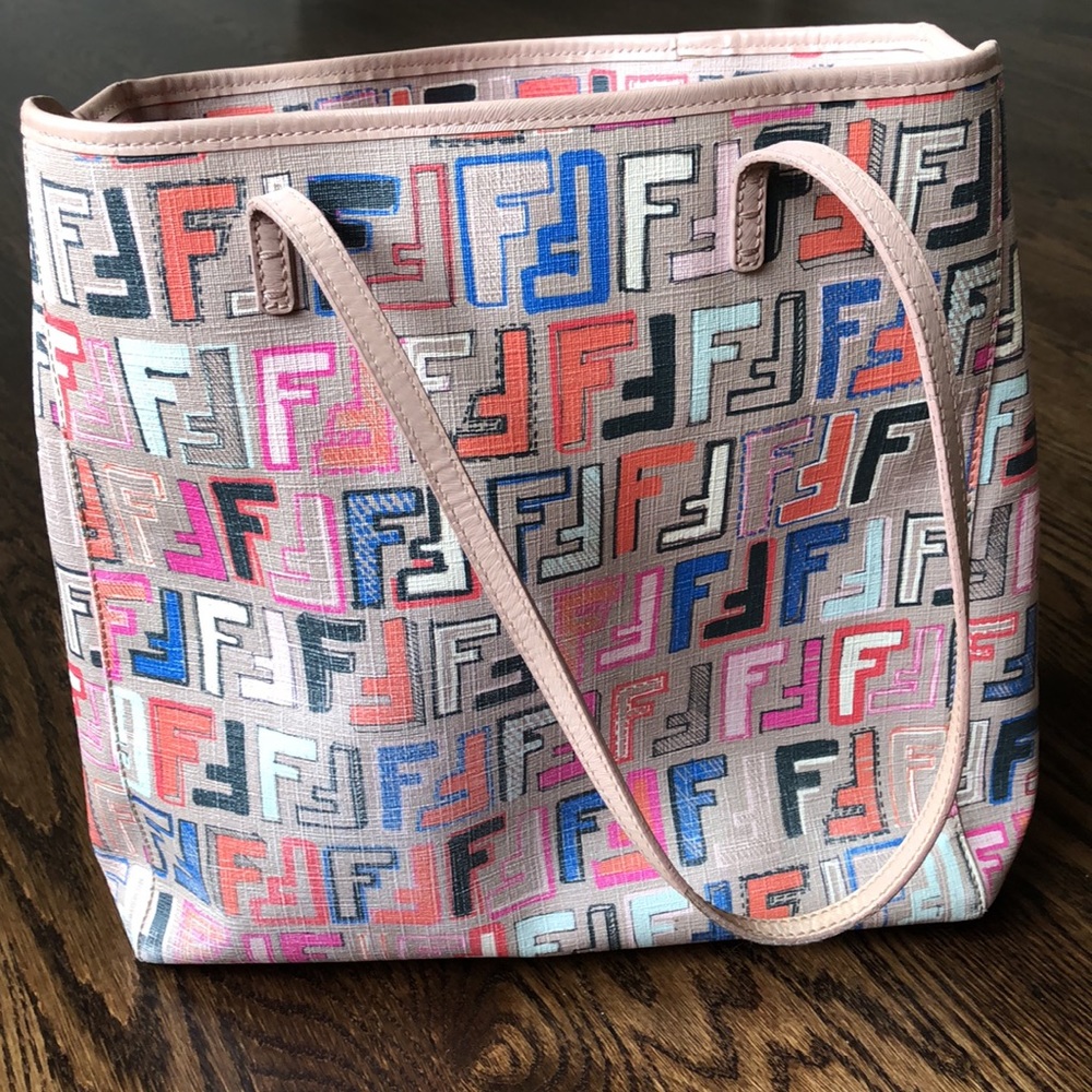 Fendi Multicolor FF Logo Tote - Beige, Pink, Blue, Black, Orange - Picture 10 of 13